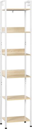 Ярусна полиця для зберігання WOLTU, кухонна полиця з 4 гачками, книжкова полиця в індустріальному стилі, окремостояча полиця для вітальні/кухні, вузька драбина, білий світлий дуб, 40x30x187 см, 6-