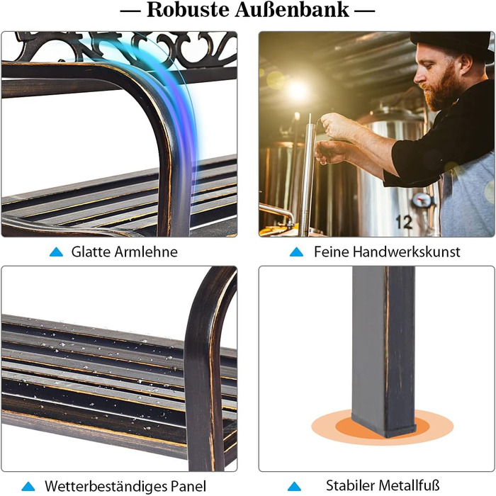 Садова лавка COSTWAY металева, Чавунна лавка на 2-3 місця, Паркова лавка зі спинкою та підлокітником, Металева лава, Залізна лавка для саду, тераси, балкона, 127 x 63.5 x 89 см, Бронза