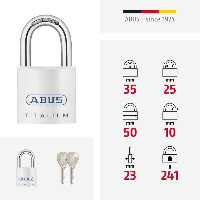 Замок навісний ABUS Titalium 80TI/50 gl.-8012 однаковий ключ для підвалу, з легким та міцним корпусом зі спеціального алюмінію рівень безпеки ABUS 8 сріблястий, 50 мм