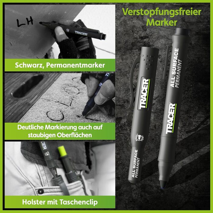 Набір будівельних маркерів Tracer з 5 предметів у футлярі для зберігання столярний олівець, 2 маркери з довгим наконечником, маркер, що не засмічується, та дозатор для змінних картриджів.
