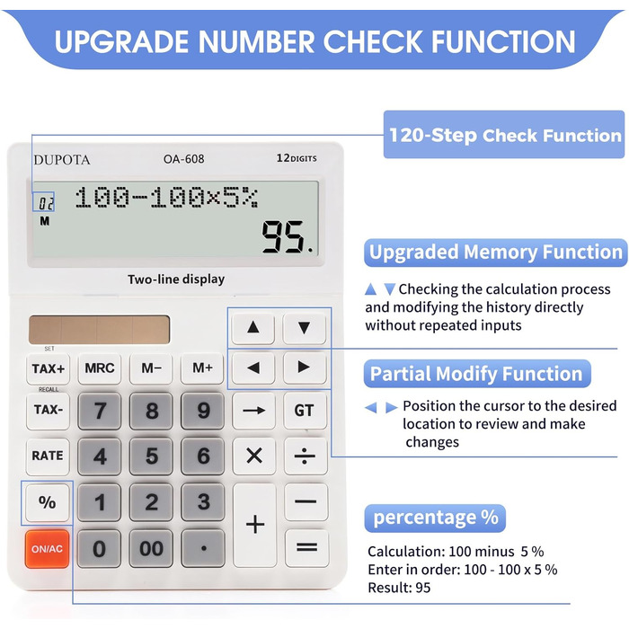 Настільний калькулятор, великі кнопки, 2 ряди, надвеликий дисплей, 12-розрядний настільний калькулятор, офісний калькулятор, податковий калькулятор, великий розмір (OA-608)