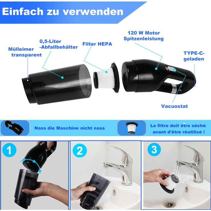 Акумуляторний ручний пилосос акумуляторний, безмішковий 15000Pa ручний пилосос акумуляторний безмішковий Переможець тесту вологого