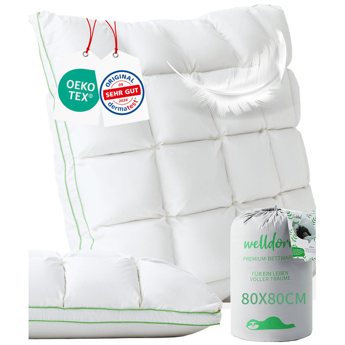 Подушка Welldora преміум-класу 80x80 100 пух та пір&39я Інноваційний дизайн Puff Cloud для максимального комфорту та ергономіки Подушка середньої жорсткості, медично протестована, сертифікована Oeko-Tex у Швейцарії, 80 x 80 см
