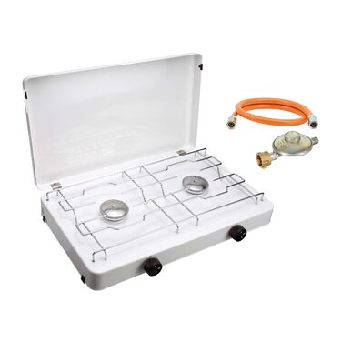 Двоконфорочна газова плита CFH Capri ZK 421 кемпінгова газова плита з регулятором тиску газу 50 мбар та газовим шлангом 80 см, потужність 3,8 кВт, витрата 277 г/год, знімна кришка та хромована решітка, зроблено в Європі