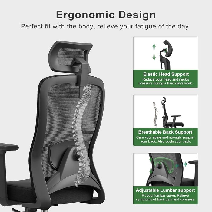 Ергономічне офісне крісло CALIYO Sammy, робоче крісло з регульованим підголівником, підлокітниками, поперековою опорою та функцією гойдання повітропроникне сітчасте поворотне крісло, ігрове крісло, офісне крісло 150 кг, чорне Sammy (чорне)
