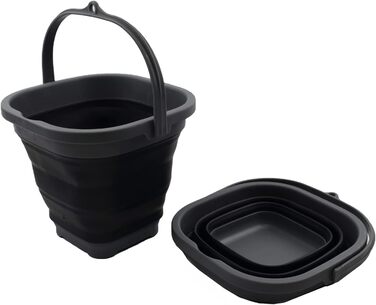 Л Super Mini Square Foldable Plastic Bucket - Складне квадратне відро - Портативне відро для води - Економія місця на відкритому повітрі (сірий/чорний (набір 2), 2) Сірий/чорний (набір 2) 2, 2,6