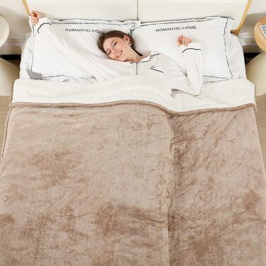 Ковдра з підігрівом 180x130 см, Ковдра з підігрівом та автоматичним вимкненням, 6 налаштувань нагріву, 10-годинний таймер, захист від перегріву, м&39яка фланель та шерпа, можна прати в пральній машині, Ковдра з підігрівом для дивана, ліжка, офісу, бежевий