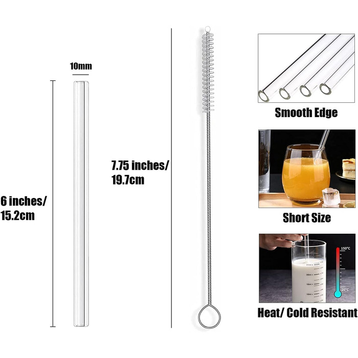 Прозора соломинка для пиття ALINK Glass Straws пряма 8 шт. 10 мм x 15,2 см, багаторазові скляні соломинки для пиття 2 щітки для чи