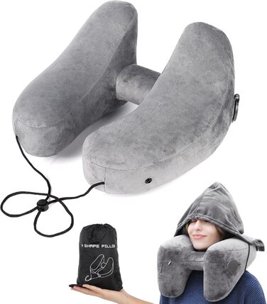 Надувна подушка для шиї Czemo Travel Pillow Airplane, Quick Inflatable Neck Pillow Airplane, Neck Pillow H Shaped Everlasting Comfort, дорожня подушка для подорожей в автомобілі, літаку, поїзді, сірий