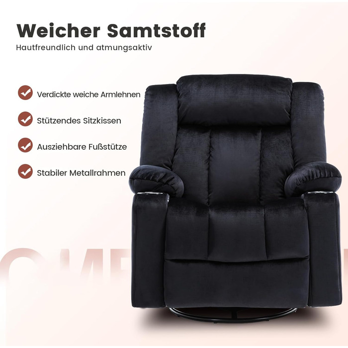 Ручне поворотне крісло-реклайнер для дорослих з регульованою спинкою та підставкою для ніг, крісло-шезлонг на 360 для вітальні, м&39яка тканина, ергономічне, чорний колір