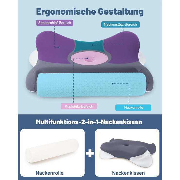 Подушка для шиї, ортопедична подушка 2-в-1 з валиком для шиї, ергономічна подушка з піни з ефектом пам&39яті для сну на боці - подушка для сну для шиї та сну - переможець тесту на подушку для підтримки шиї