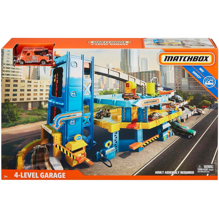 Гоночний трек для машинок Matchbox, 4-поверховий з пандусом, підйомником, мийкою та евакуатором для машинок Matchbox, вкл. 1 іграш