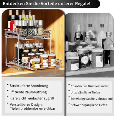 Розсувна підставка для спецій, органайзер для спецій з нержавіючої сталі, 2-рівневий кухонний органайзер з регульованою висотою, система підставок для спецій для кухонних шаф, стояча підставка для спецій для внутрішньої частини шаф, 26,4 см x 23,4 см x 23