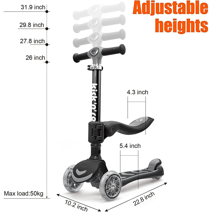 Дитячий самокат Kicknroll 3 роки, складаний самокат, 4 регульовані висоти, 3 світлодіодні колеса, протиковзка палуба 50 кг, дитячи