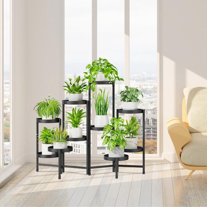 Металева підставка для рослин з 10 ярусами, підставка для квітів, полиця для рослин, стійка для квітів у приміщенні та на вулиці, підставка для рослин у приміщенні, полиця для саду, балкону, вітальні (кругла, чорна) 10 ярусів, чорний
