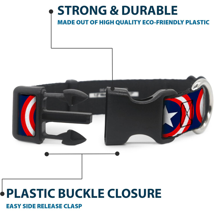 Нашийник для собак Капітан Америка, з пластиковою застібкою, синій, вузький, середній розмір (7-13.5 см) - для шиї 8-12 дюймів (20-30 см)