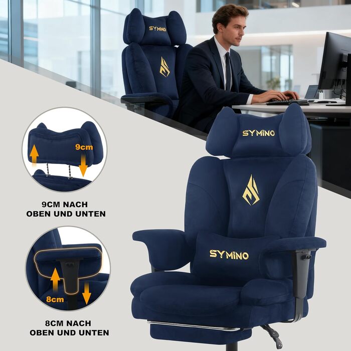 Ігрове крісло Symino, схоже на диван, з огортаючим сидінням, ергономічне офісне крісло керівника, стілець зі штучної замші, комп&39ютерне крісло з регульованою висотою, вантажопідйомність 130 кг, темно-синє