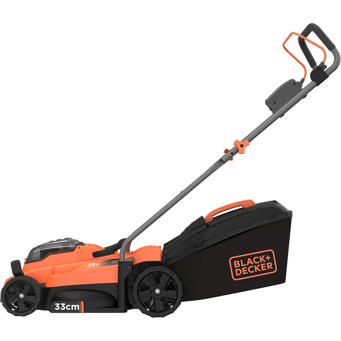 Акумуляторна газонокосарка BlackDecker BCMW3336L2 (36 В, 2,5 Ач, ширина зрізу 33 см, для газонів середнього розміру до 500 м, 5-позиційне регулювання висоти, в комплекті 2 акумулятора, зарядний пристрій, травозбірник на 35 л), помаранчевий/чорний