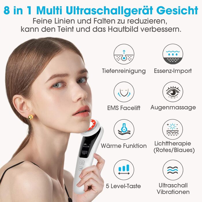 Ультразвуковий апарат Косметичний масажер для обличчя з глибоким очищенням, іонною терапією, підтяжкою обличчя, доглядом за очима, 2 світлотерапіями, термотерапією, мікровібраціями для підтяжки шкіри, омолодженням 03 Ультразвуковий апарат для обличчя
