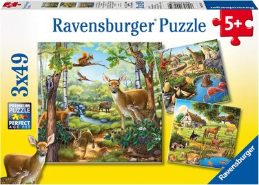 Дитячий пазл Ravensburger - 09265 Ліс/Зоопарк/Домашні тварини - Пазл для дітей від 5 років, 3х49 елементів, жовтий