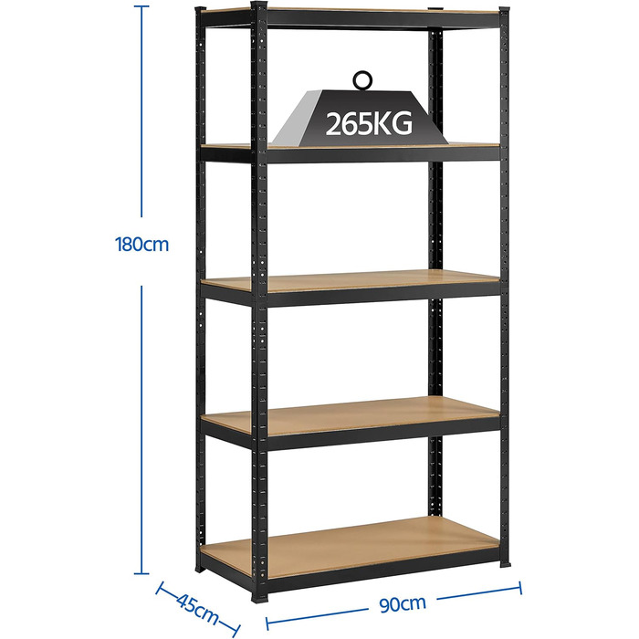 Стелаж для зберігання Yaheetech, безболтові стелажі, 180 x 90 x 45 см, 5 полиць, міцні стелажі, система підвальних стелажів з порошковим покриттям, вантажопідйомність 1325 кг, чорний, 180 x 90 x 45 см