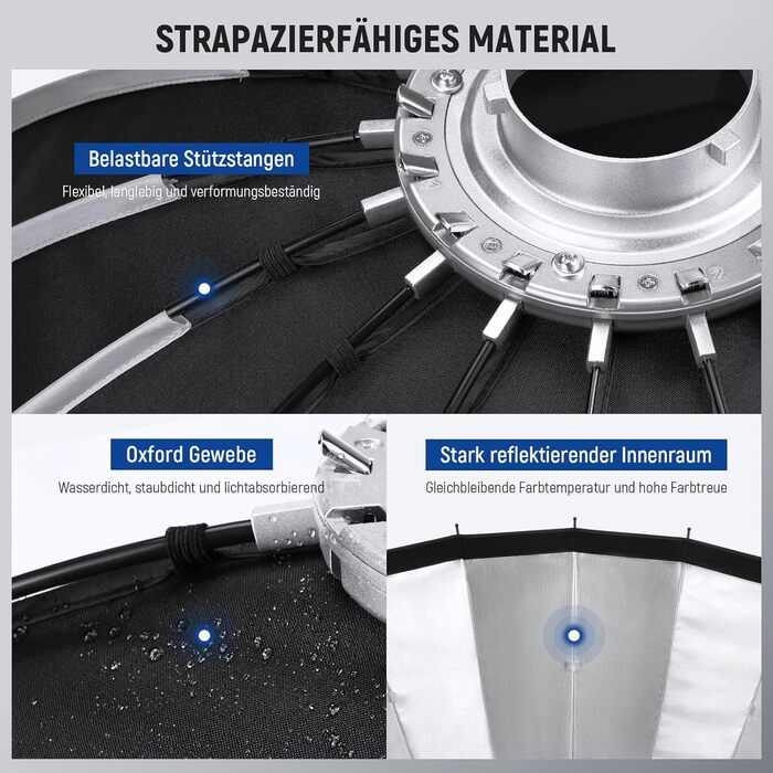 Дюйма/120 см параболічний софтбокс Швидке налаштування Швидке складання, з дифузорами/стільниковою решіткою/сумкою, сумісний з Aputure 120d Light Dome Godox sl60w NEEWER RGB CB60 та іншими ліхтарями Bowens Mount, 47,2