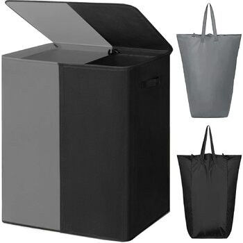 Подвійний кошик для білизни WOWLIVE 154 л з кришкою, великий кошик для прання та знімні мішки для білизни, великий складаний кошик для прання з 2 перегородками та ручками для спальні/шафи для пральні (сірийчорний) 154 л сірийчорний