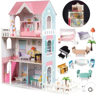 Дерев&39яний ляльковий будиночок 123 см зі світлодіодним підсвічуванням Великий ляльковий будиночок для дітей віком від 3 років з меблями та садом Ляльковий будиночок з підсвічуванням та аксесуарами Креативний ігровий будиночок для дівчаток