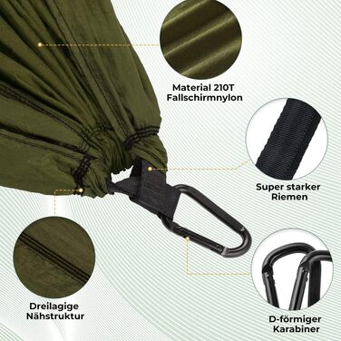 Ультралегкий гамак для подорожей Glymnis з підвісними тросами та сталевими карабінами, вантажопідйомність до 300 кг