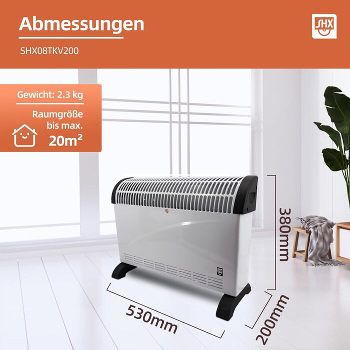 Конвекторний обігрівач SHX з турбовентилятором 2000 Вт SHX08TKV2000 радіатор 2000 Вт, запобіжний термостат, 3 рівні потужності, захист від перегріву, низький рівень шуму, білий