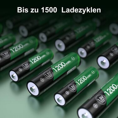 Літієві батарейки AAA 1,5 В, 8 шт. із зарядним пристроєм, висока ємність 1200 мВтгод, 1500 циклів розрядки/зарядки, акумуляторні батарейки AAA, тривалий термін служби з інтелектуальним зарядним пристроєм з РК-дисплеєм
