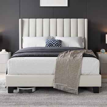 Ліжко Yaheetech з м&39яким каркасом 140 x 200 см, міцне двоспальне ліжко, сімейне ліжко, м&39який каркас ліжка, ліжко з місцем для зберігання, для спальні, гостьова кімната, бежевий колір, бежевий 140 x 200 см