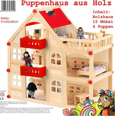 Дерев&39яний ляльковий будиночок для ляльок, кімната для ляльок з 3 поверхами, 4 ляльки та 15 предметами меблів, ручка для перенесення 555x26 см