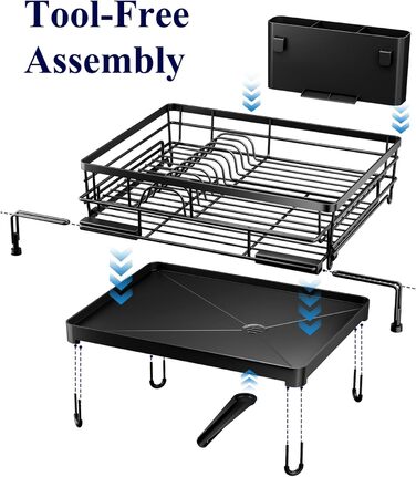 Висувна сушарка для посуду Kitsure сушарка для посуду з нержавіючої сталі з регульованими ніжками, тримачем для столових приборів та знімним підносом, 39,5-64,0 см x 43,0 см x 20,5 см, чорна