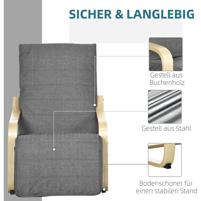 Крісло HOMCOM для вітальні, крісло-реклайнер з підлокітниками з березового дерева, регульована підставка для ніг у 5 положеннях, крісло для читання з лляним виглядом, м&39яке крісло для спальні, сірий колір