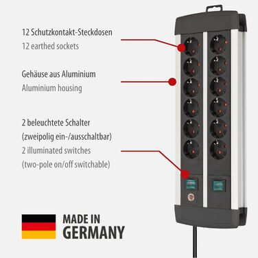 Розеткова планка Brennenstuhl Premium-Alu-Line 12-шляхова/багатошляхова розетка з високоякісного алюмінію (з 2 вимикачами на 6 роз