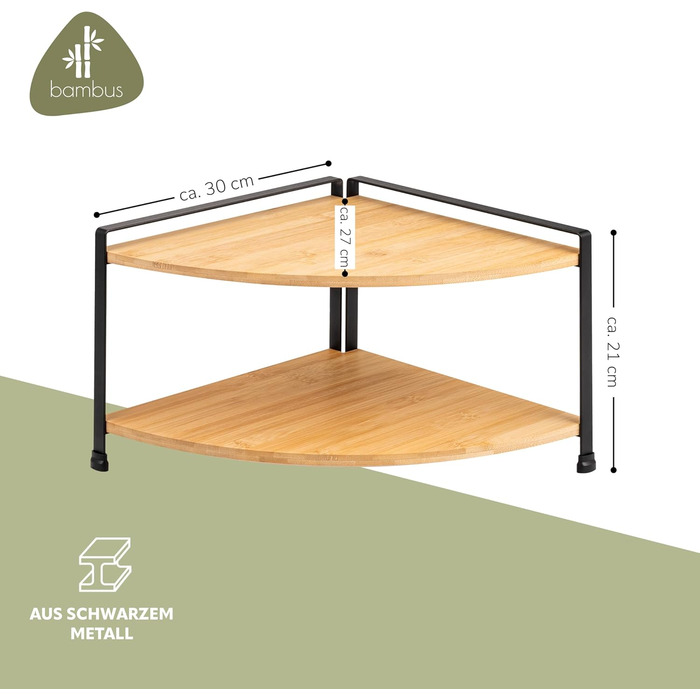 Кутова полиця для спецій eluno з бамбуковими полицями та захистом від подряпин, окремостояча кутова полиця для кухні, універсальний органайзер для більшого простору та порядку - комбінація матеріалів бамбук та метал (чорний)