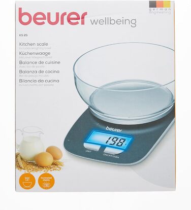 Кухонні ваги Beurer 704.15 KS 25 з ваговою чашею на 1,2 л, цифрові кухонні ваги з функцією зважування тари та вантажопідйомністю 3