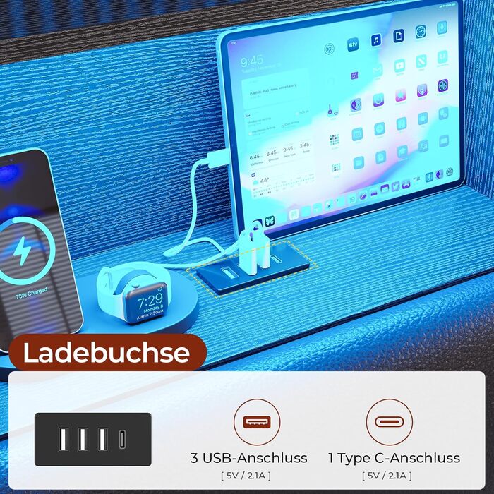 Ліжко 140x200 см, м&39яке ліжко зі світлодіодним підсвічуванням, металевий каркас ліжка, каркас ліжка з 2 шухлядами, узголів&39я з полицею та місцем для зберігання речей, розетка, двоспальне ліжко з рейковою основою, для спальні, PU чорного кольору