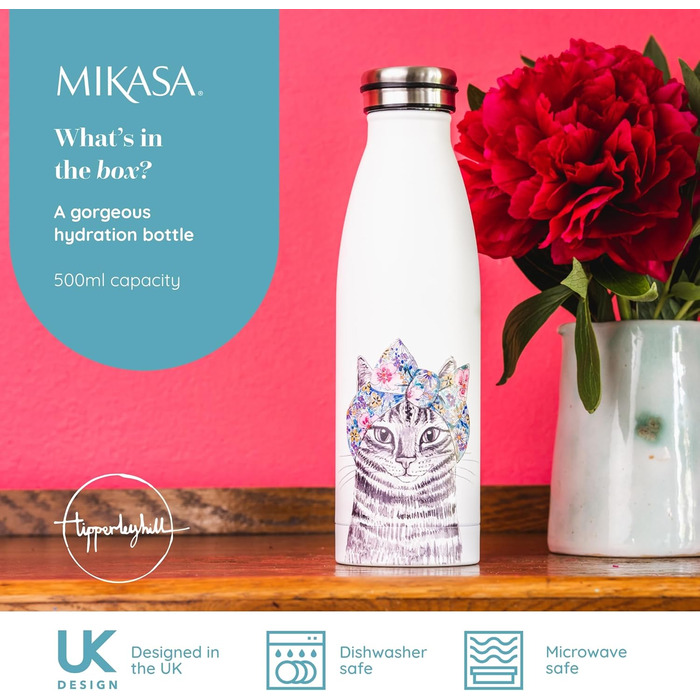 Пляшка MIKASA Tipperleyhill з нержавіючої сталі з подвійними стінками, 500 мл, вакуумно-ізольована, зберігає напої гарячими та холодними, пляшка з нержавіючої сталі без бісфенолу А з принтом кота
