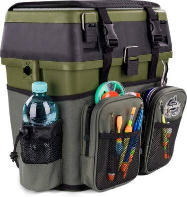 Скринька для рибальських снастей, рибальська сумка, м&39яка скринька для сидіння з функцією сидіння, скринька для снастей з функцією рюкзака та прикріпленими кишенями - включаючи 4 скриньки для рибальських аксесуарів, колір темно-зелений