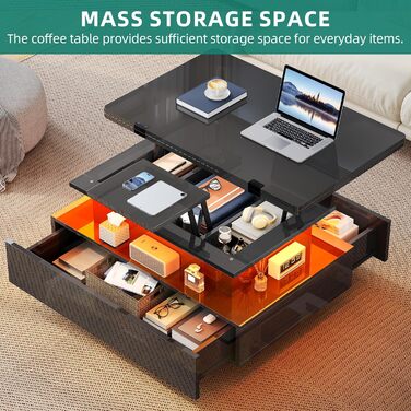 Журнальний столик з регульованою висотою, глянцевий стіл для вітальні з 2 шухлядами та світлодіодним освітленням, журнальні столики з прихованим відділенням для зберігання, трансформується в обідній стіл, чорний