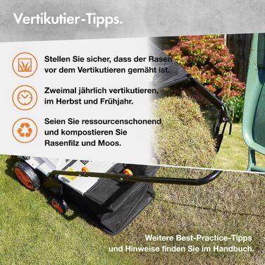 Електричний аератор/вертикуттер/граблі для газону 1500 Вт, для розпушування та прибирання газону, видаляє повсть, мох та листя, покращує аерацію ґрунту, мішок для збору 30 л, 4 рівні висоти зрізу, ширина робочого захоплення 32 см, потужність 1500 Вт