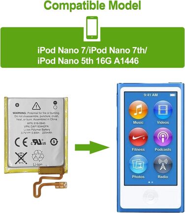 Заміна акумулятора, сумісного з iPod Nano 7, iPod Nano 7th, iPod Nano 5th 16G, A1446 616-0640 616-0639 з набором інструментів