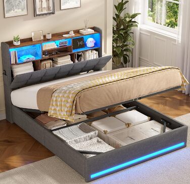 М&39яке ліжко 140200 см Гідравлічне ліжко з відсіком для зберігання речей та світлодіодним освітленням Дитяче ліжко з портами USB та Type-C Двоспальне ліжко Каркас ліжка з дерев&39яними ламелями, лляна тканина, без матраца (Темно-сірий, 140x200 см) 140x20