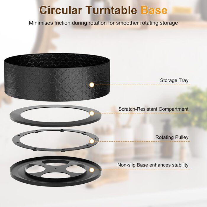 Обертова підставка для спецій Romon, 2-рівнева кухонна полиця з тримачем для паперових рушників, органайзер для спецій з кульковими підшипниками з нержавіючої сталі та протиковзкими ніжками, для кухонних шаф та стільниці, чорна