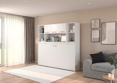 Меблі Rauch Albero, ліжко, настінне ліжко, поперечно розкладне ліжко, компактне настінне ліжко з каркасом ліжка, полицею та рейковою основою, спальна зона 90x200 см, колір білий, ручки з масиву дуба, 214x197x44 см