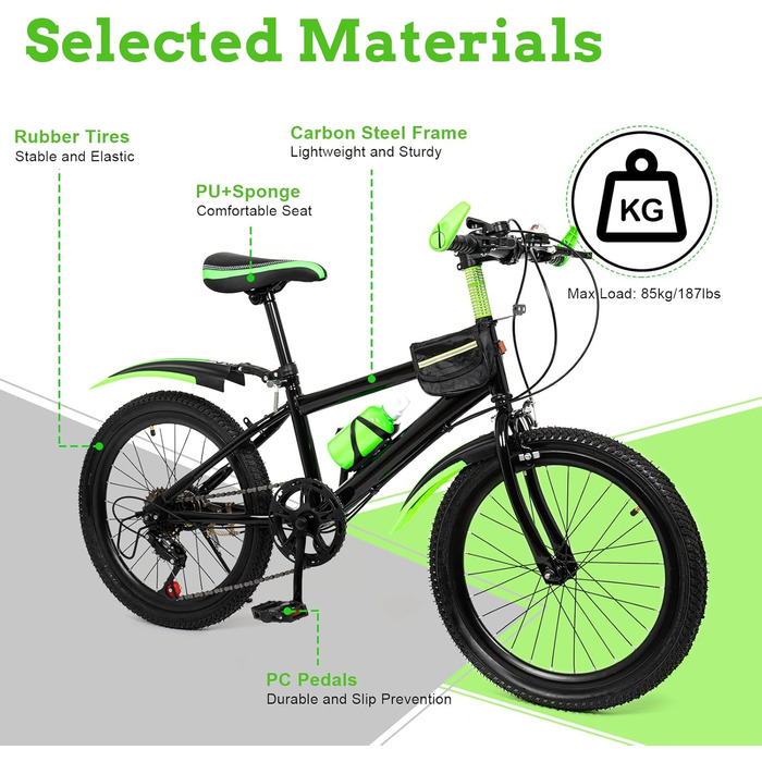 Дюймовий дитячий гірський велосипед, 7 швидкостей, для хлопчиків та дівчаток, подвійні дискові гальма, міський велосипед з вуглецевої сталі, підходить для дітей зростом 130-150 см, зелений, 20-