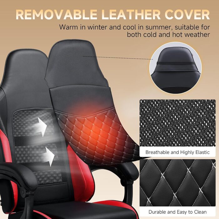 Ігрове крісло GTPLAYER, ергономічне офісне крісло з регульованою висотою, підходить для зими та літа, з подвійною спинкою, підставкою для ніг, знімним чохлом та поперековою опорою, червоне