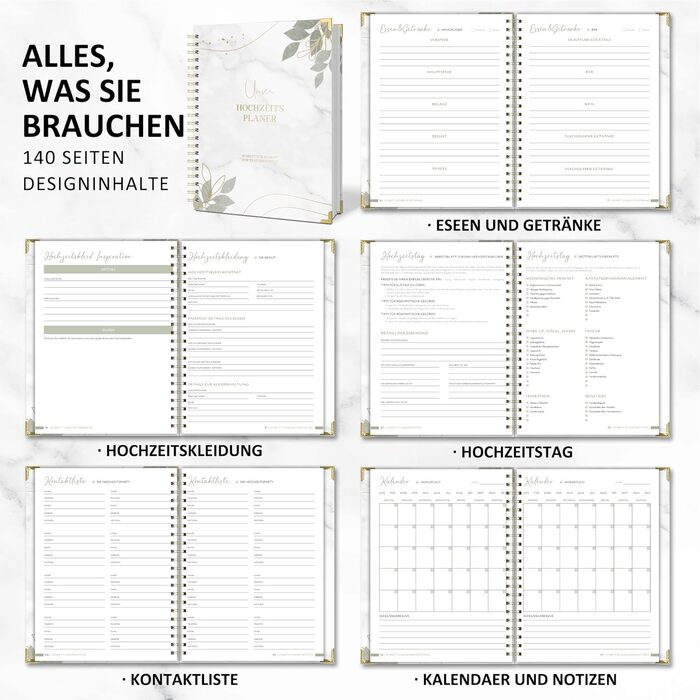 Весільний планувальник німецькою мовою для великого дня, 160 сторінок з розкладом, контрольними списками, часовим графіком та порадами, весільна книга з календарем, чудовий подарунок на заручини - DIN A4 Modern (німецька)